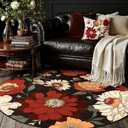 Jjinchan Lora Black Round Rug 5ft Vintage Floral Area Rugs for Entryway Washable Rug Soft Non-Slip Indoor Boho Flower Print Circle 5' Round Accent Carpet for Bedroom Living Room Dining Room Home Office