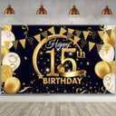 15th Birthday Party Decoration, Extra Large Fabric Black Gold Sign Poster for Anniversary Photo Booth Backdrop Background Banner, 15th Birthday Party Supplies, 72.8 x 43.3 Inch