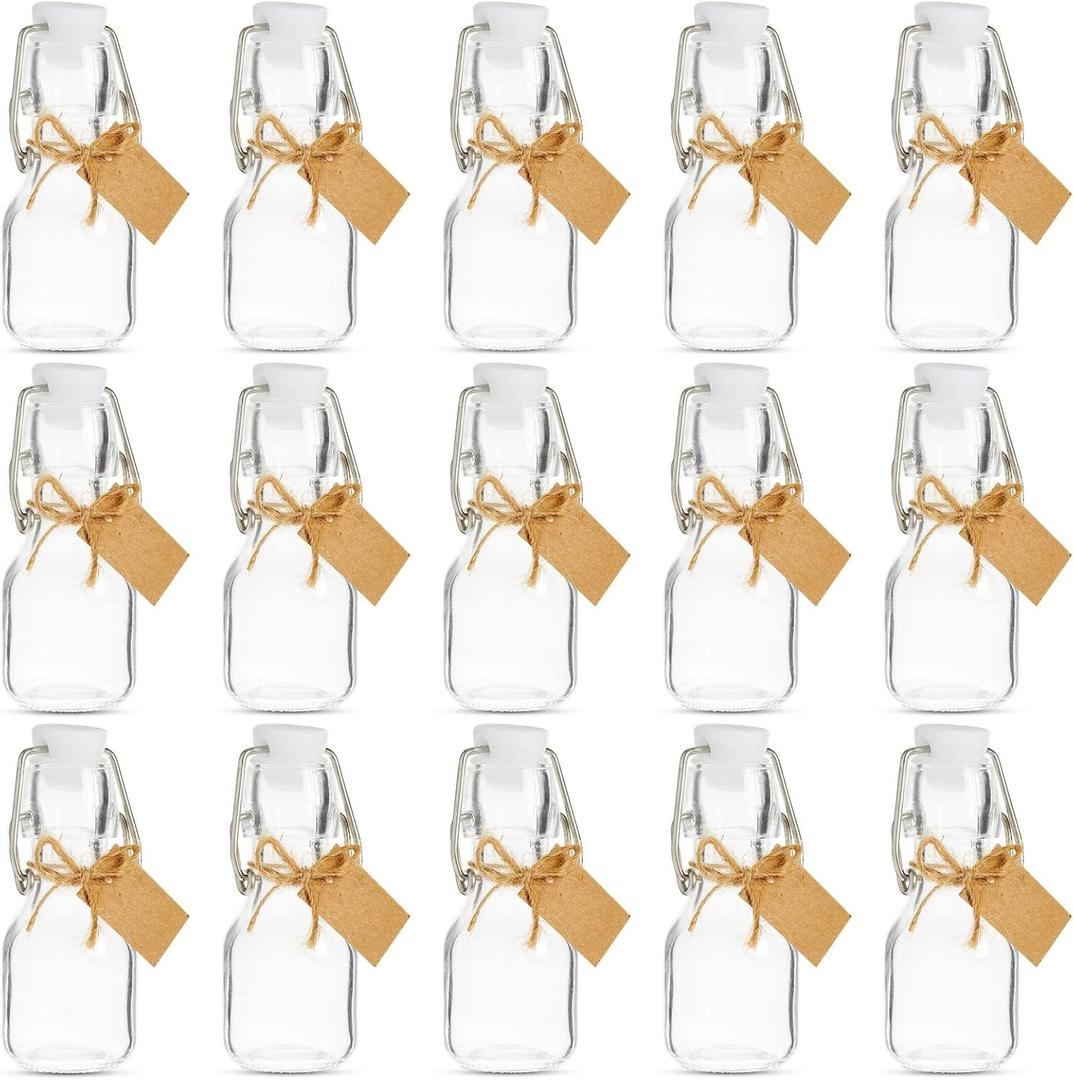 BLUE PANDA 15 Pack Small Swing Top Glass Bottles - 2 oz/60 ml Bottles with Lids, Stoppers, Tags & Jute Twine for Wedding Party
