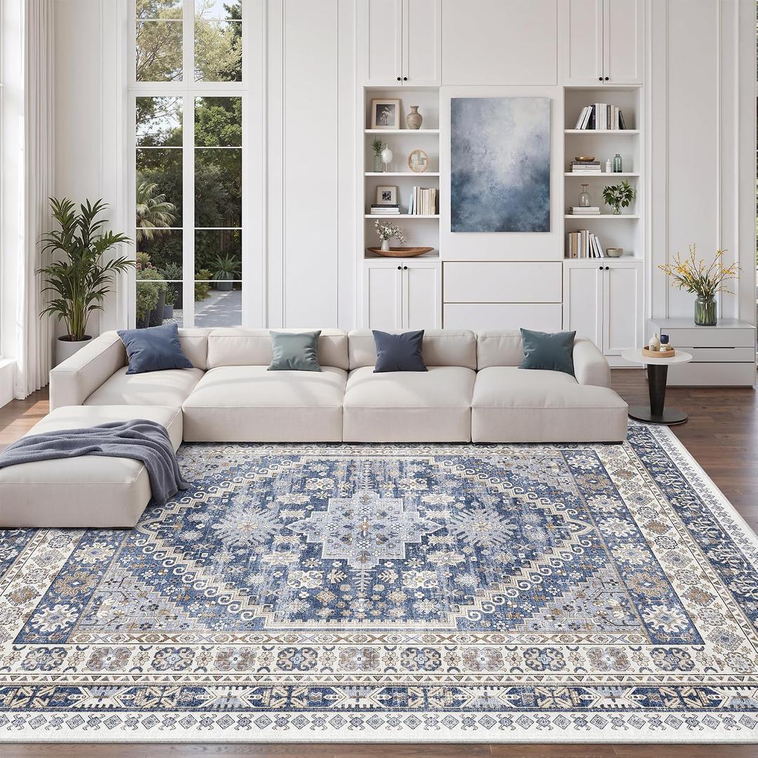 Zesthome 8x10 Area Rugs for Living Room,Non-Slip Backing Washable Rugs,Vintage Large Area Rug,Stain Resistant Home Decor Rug (Blue/Beige,8'x10')