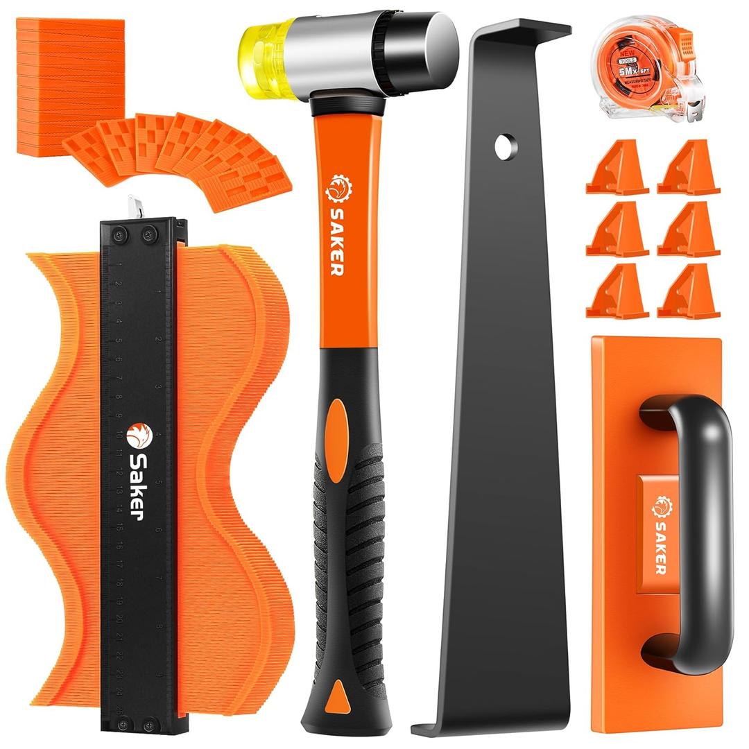 Saker Laminate Flooring Tools, 65-Piece Wood Flooring Installation Kit with 60 Flooring Spacers,Tapping Block with Handle, Pull Bar, 10”Contour Gauge, Rubber Mallet, Tape Measure