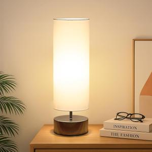 Touch Table Lamp, 3-Way Dimmable Modern Minimalist Accent Bedside Lamp with Cylinder Fabric Shade, Night Light Nightstand Desk Lamp for Bedroom Living Room Kitchen, 9W LED Bulb Included (White Shade with Black Nickel Base)