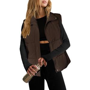 Zeagoo Women Puffer Vest Lightweight Stand Collar Sleeveless Winter Warm Zip Up Padded Outerwear Jackets with Pockets Large (Dark Brown)