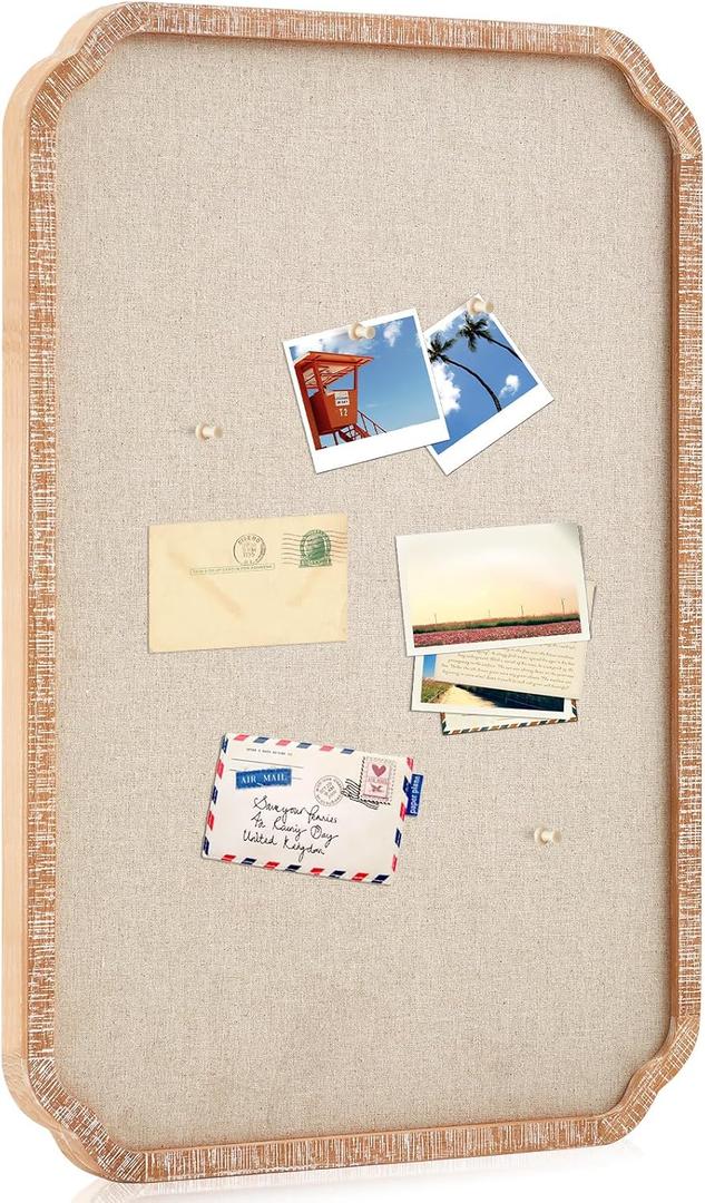 Wonderjune Vintage Framed PinBoard Linen Display Bulletin Board Large Cork Fabric Picture Photo Memo Pinboard Fancy Ornate Decorative Vision Board for Wall(Scalloped,20'' X 30'',Warm Oak), 33.1" x 24"