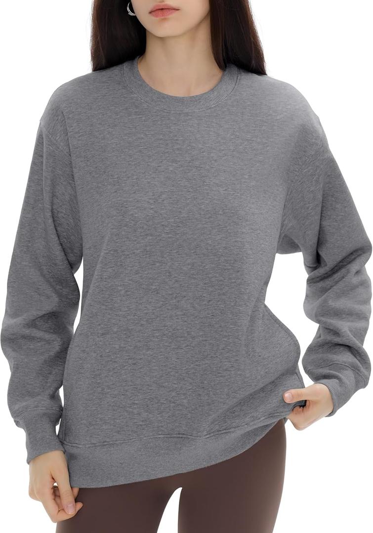 PUMIEY Women's Oversized Sweatshirts Fleece Crew Neck Hoodies with Pockets Long Sleeve Pullover Tops Three-No Collection (Gray, S)