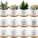 12 Pcs White Bible Verse Succulent Pots with Drainage 3.15 Inch Mini Ceramic Flower Planter Pot with Bamboo Tray Small Plant Pots Christian for Friends and Family, Plants Not Included