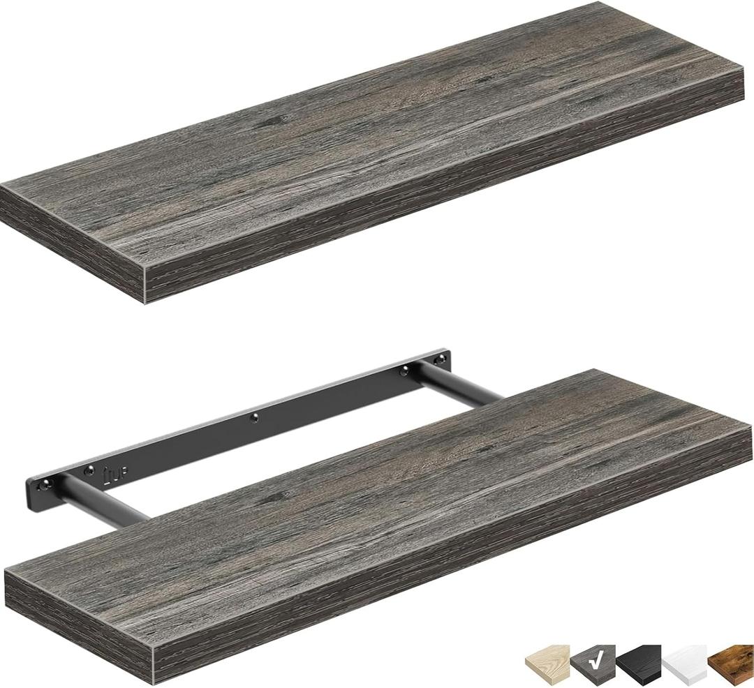 QEEIG Floating Shelves for Wall 23.6" Long - Wall Mounted Shelf Bathroom Kitchen Living Room Bedroom Farmhouse Home Decor Display Bookshelf Large 23.6 x 9.3 inch Set of 2, Grey (008-60GY)