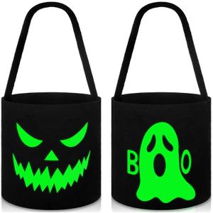 2 Pieces Halloween Basket Bag Glow in The Dark Canvas Candy Tote Bag Luminous Black Candy Bucket Halloween Portable Collapsible for Kids Halloween Party Gifts