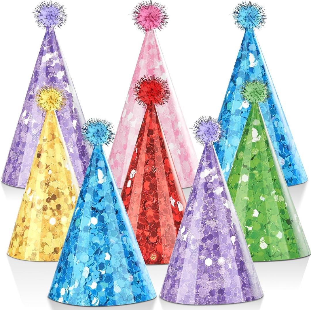 24PCS Glitter Cone Hats Colorful Birthday Party Hat with Pompoms Glitter Cone Paper Hat Colorful Paper Headwear for Kids and Adults Celebration Birthday Baby Shower Bridal Shower Decoration 7.8 x 5
