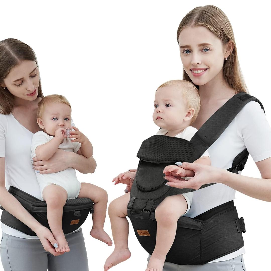 Baby Carrier with Hip Seat, Baby Carrier Newborn to Toddler up to 44lbs, 6-in-1 Ways to Carry, All Seasons, Adjustable Baby Holder Carrier for Breastfeeding (Black)