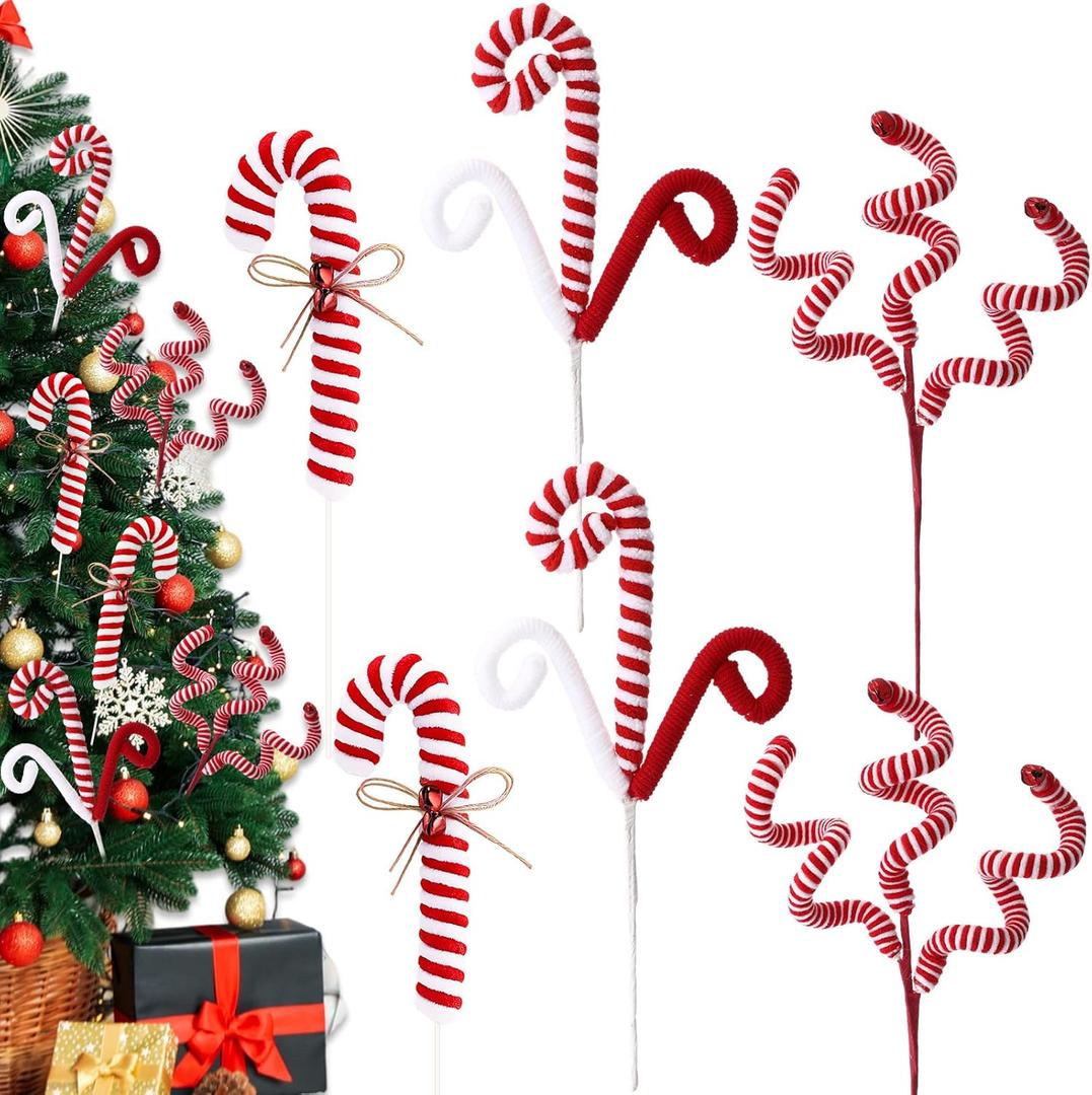 Chiisong 6 Pcs Christmas Tree Decorations Picks 12 Inch Christmas Woolen Bells Candy Curly Pick Xmas Tree Topper Ornaments for Home Office Party Supplies(Red White)