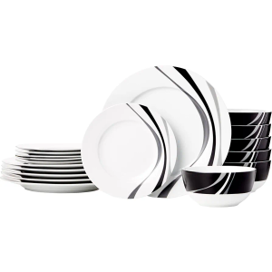 Amazon Basics 18-Piece Complete Kitchen Dinnerware Set, Microwave and Dishwasher Safe, Plates, Dishes, Bowls, Swirl, Heat Resistant, Service for 6, Everyday Use