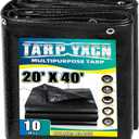 Black Tarp 20x40 Feet, 10 Mil Thick Waterproof Poly Tarps Cover UV Resistant, Rip & Tear Proof with Metal Grommets Every 20 Inches
