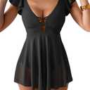Aidonger Women's One Piece Ruffle Swimsuit Sexy Mesh One Piece Swim Dress Tummy Control V Neck Swimwear Black, Large