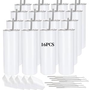 16 Pack Sublimation Tumblers Straight Skinny Tumbler Blanks Bulk 20oz for Heat Transfer, Individual Gift Boxed, Double Wall Insulated Tumbler with Shrink Wrap & Straws