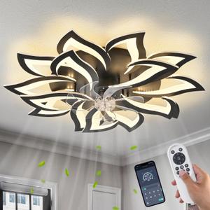 Dalouguan 35" Black Modern Ceiling Fan with Lights Remote Control, 6 Speeds 3 Light Color Low Profile Flush Mount Ceiling Fan with Light for Kitchen Bedroom