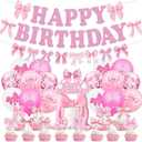32PCS Pink Coquette Birthday Decorations, Girl Party Supplies, Bow Birthday Party Decor Set