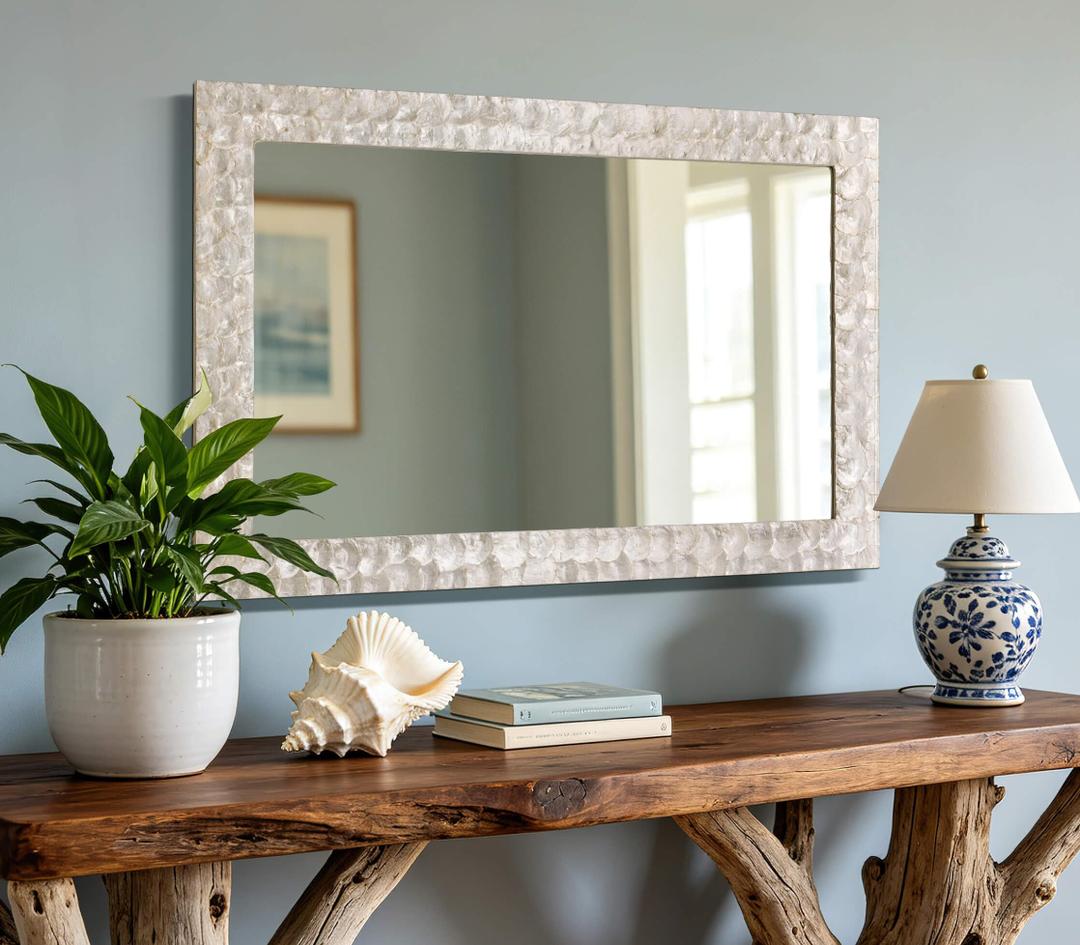 Autdot Rectangular Capiz Shell Framed Bathroom Mirror, 36" x 24" Coastal Wall Mount Mirrors, Natural Seashell Decorative Mirror for Living Room Foyer Entryway Decor, Vertical/Horizontal Hanging