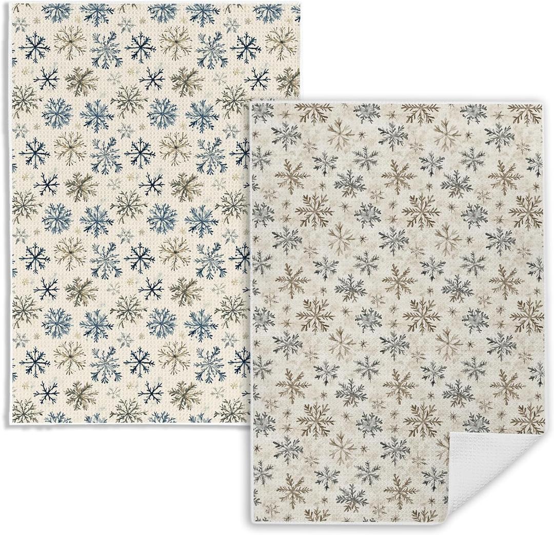 Christmas Snowflake Kitchen Towels, Vintage Christmas Blue and Beige Snowflake Dish Tea Towels, Xmas Winter Holiday Decorative Hand Towel for Bathroom, 16x24 Inch Set of 2