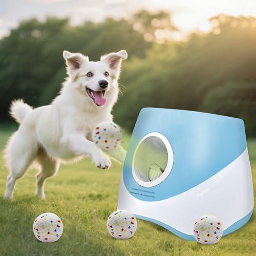 MEKAPLE Automatic Dog Ball Launcher for Samll to Medium Dogs, Upgraded Interactive Toy Balls Thrower, Distance Adjustable Mental Stimulating Dog Toys with 4 Etpu Balls 2.2 Inch (Blue)