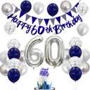60th Birthday Decorations for Men Women, Blue Silver White Birthday Balloons, Blue Happy 60th Banner Cake Topper Number 60 Foil Balloon for 60 Year Old Party Decoration