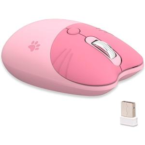 Lomiluskr Cute Cat Wireless Mouse, Lightweight Soundless Mice, 2.4G Wireless Mice, Candy Colors, Kawaii Mouse for Girls and Kids (Pink)