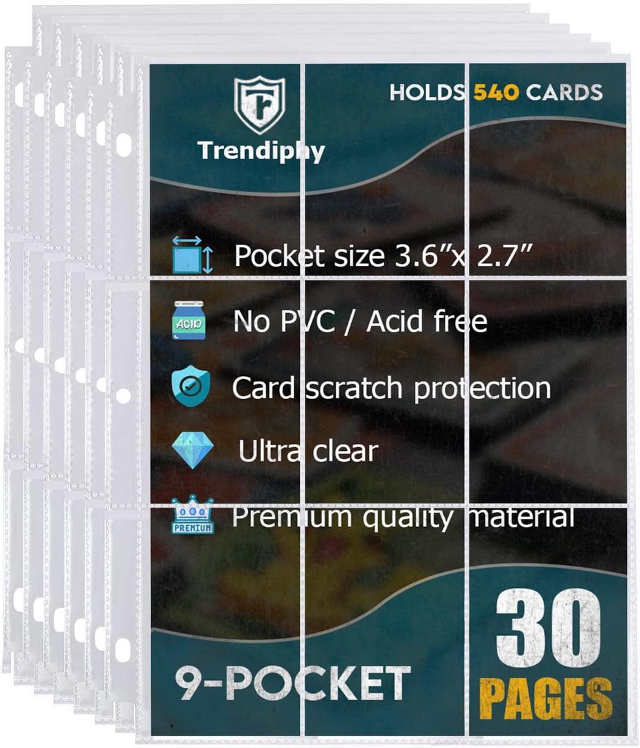 540 Pockets Trading Card Sleeves, Premium 9-Pocket 30 Pages, Double-Sided Baseball Binder Sleeves, Protectors Binder Sheets for Baseball Cards & More - Fits 3 Ring Binder (30 Sheets)