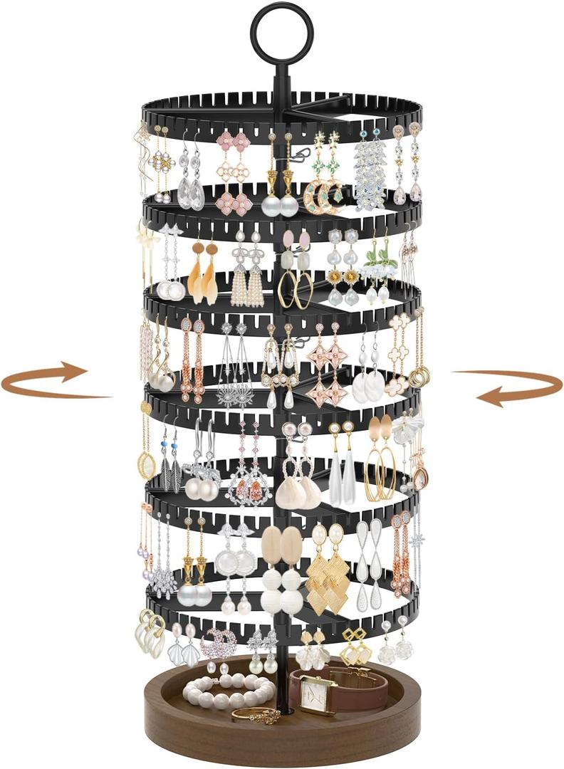 iDavosic.ly 6 Tier Rotating Earring Holder Organizer with Wooden Tray, Large Dangle Display Stands Tree with 342 Plastic Grooves, Adjustable Hoop Storage Rack, Space Saving Tower, Black & Brown