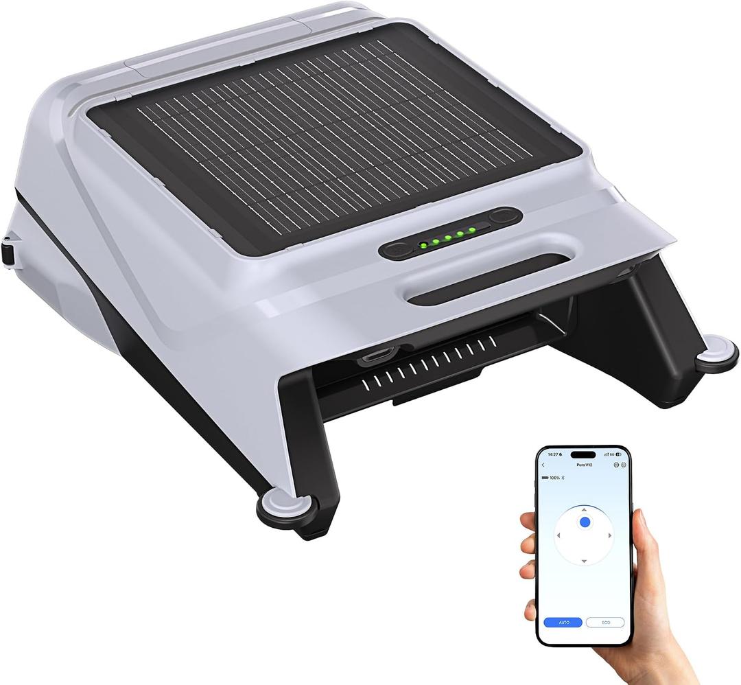 Pura V12 Solar Powered Automatic Pool Surface Skimmer Robot with APP Support,24/7 Continuous Cleaning, Dual Charging Options, Smart Obstacle Avoidance,150-um Filtration, OTA Upgrade (Grey)