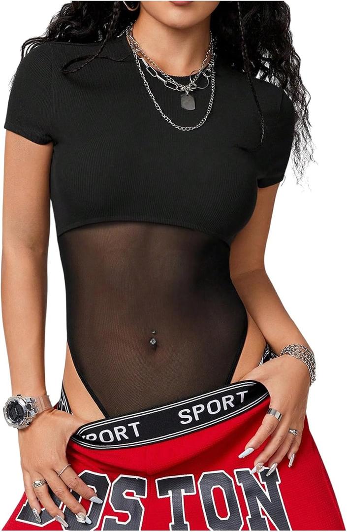 Milumia Women's Sheer Mesh Short Sleeve Bodysuit Crew Neck See Through Fitted Tee Top, Large