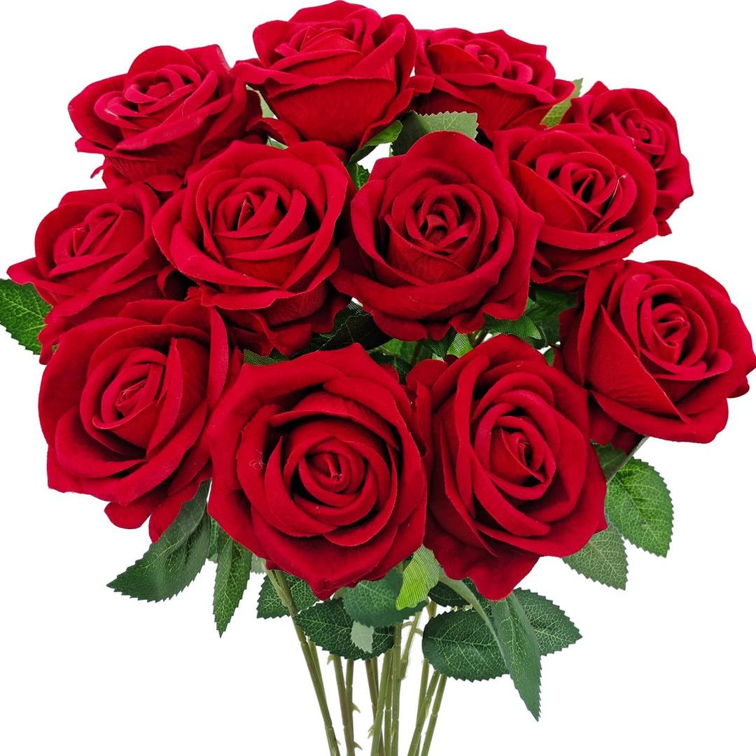 12 Pcs Velvet Rose Artificial Flowers with Long Stems, Real Touch Fake Roses Florals for Valentine's DIY Wedding Bouquet Party Table Centerpiece Home Arrangement Decorations (Red)