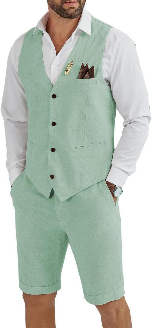 Men's Linen 2 Piece Suit Slim Fit Wedding Groom Groomsmen Summer Vest Shorts Set 5XL