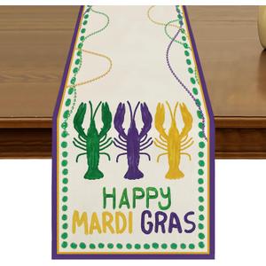 Happy Mardi Gras Crayfish Table Runner 13x72 Inch Seasonal Holiday Carnival Beads Kitchen Dining Table Decor for Indoor Outdoor Farmhouse Home Party Decoration ZQ159