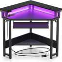 Rolanstar Corner Desk, 44.5" W x 34.5" H Carbon Fiber Computer Desk with Power Outlets, LED Lights and Keyboard Tray, Small Office Computer Desk with Monitor Stand for Small Space, Carbon Black