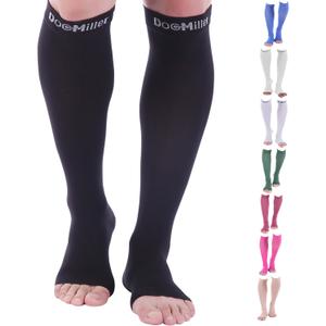 Doc Miller Open Toe Compression Socks for Men and Women, 15-20 mmHg, Calf Recovery, Medical Grade, Black Socks, Large
