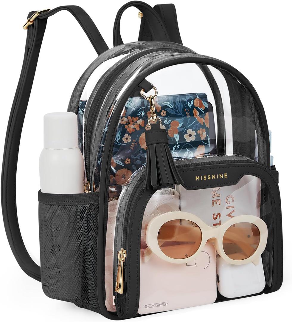 Missnine Small Clear Backpack for Stadium Events Anti-theft Mini Clear Bag for Sport Event Concert with Cute Pom-pom Ball (Black/Tassle)