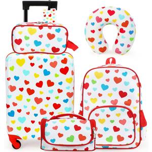 Emissary 5 Piece Kids Luggage Set - Carry On Suitcases With Wheels For Girls & Toddlers, Travel Luggage (Red heart-5)