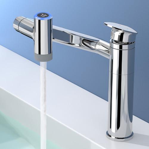 SINGSUO 1080°Rotatable Bathroom Vanity Faucet 1 Hole, Height Adjustable Single Handle Sink Faucet Bathroom with 2 Water Outlet Modes, Bar Sink Tap with Temperature Display (Chrome)