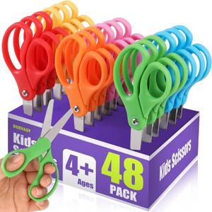 BURVAGY 48 Packs 5" Small School Student Blunt Tip Craft Kids Scissors, Stainless Steel Blades Comfort Grip 5 Inch Safety Scissors Bulk for Children Toodler Cutting Paper