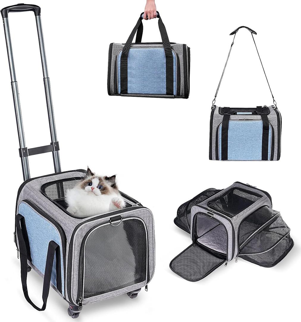 Pet Carrier with Wheels for Cat and Small Dogs: Expandable Airline Approved Rolling Cat Carrier - Cat Carrier Soft for Pets Under 26lbs Travel Plane Trip