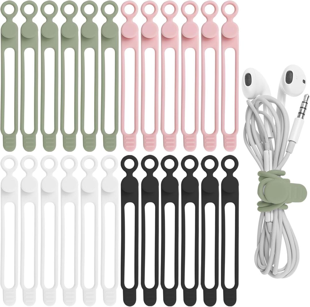 Nearockle 24Pcs Silicone Cable Straps Cord Organizer for Bundling Earphone, Phone Charger, Computer Cords, Reusable Cable Ties Wire Organizer in Home, Office, Kitchen, School (4 Colors)