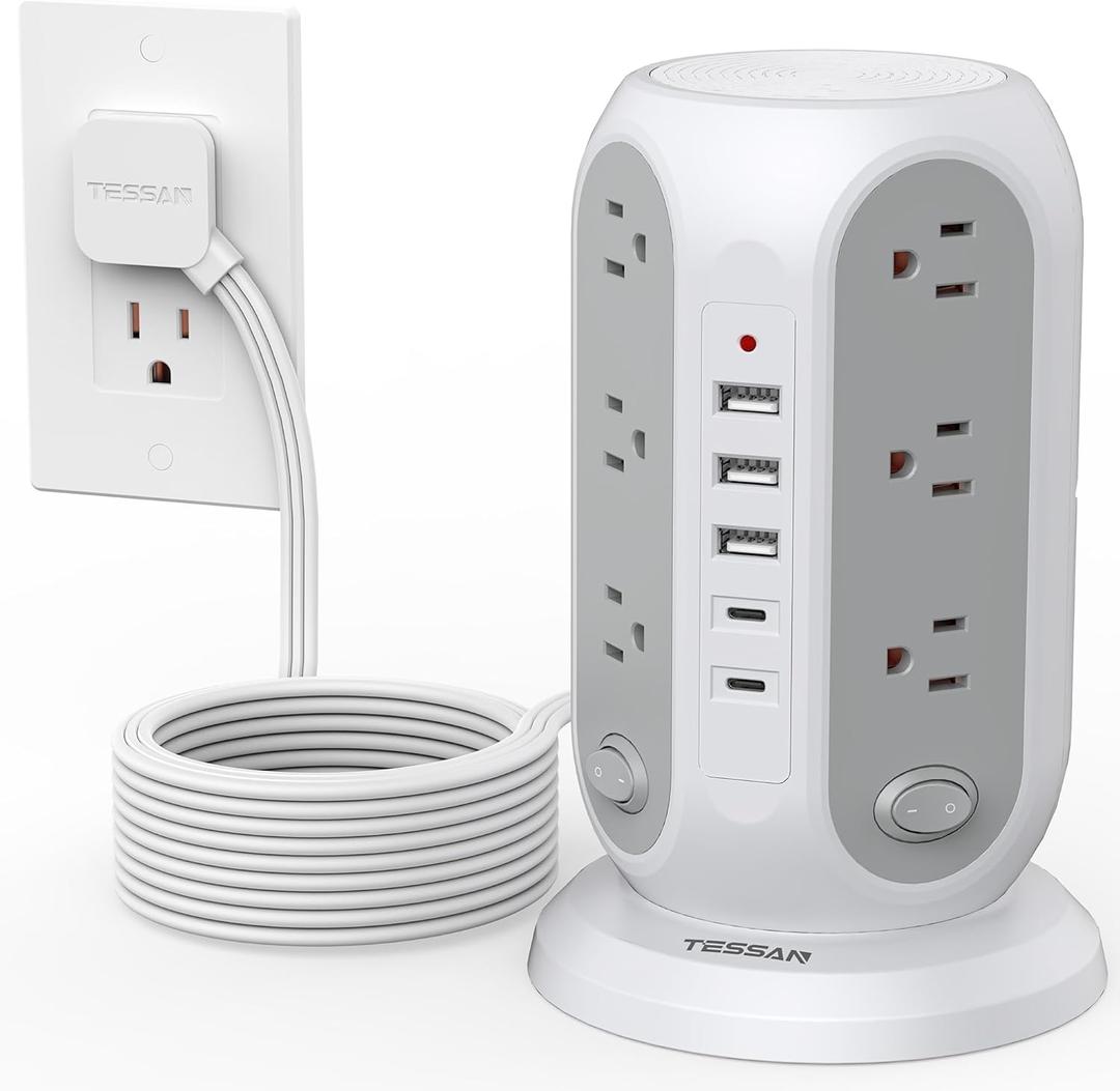 TESSAN Tower Power Strip with Individual Switches, Surge Protector with 12 Outlets, 5 USB Ports(2 USB C), Flat Extension Cord 15 Ft, 1250W, Charging Station for Multiple Devices, Office, Dorm, Grey