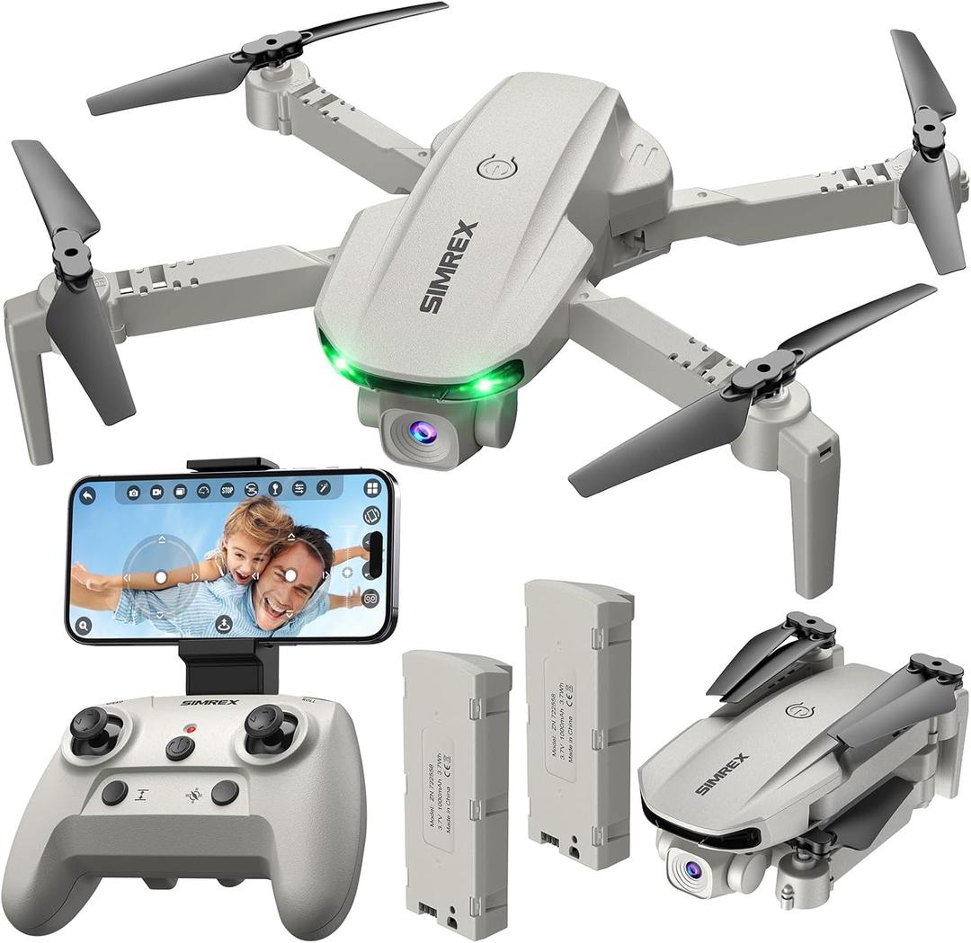 SIMREX X800 Drone with Camera for Adults Kids, 1080P FPV Foldable Quadcopter with 90° Adjustable Lens, RGB Lights, 360° Flips, One Key Take Off/Landing, Altitude Hold, 2 Batteries, Grey