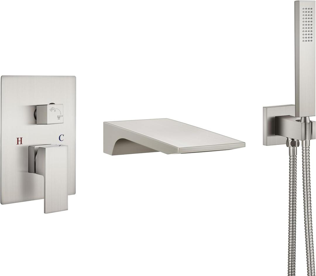Aolemi Wall Mount Bathtub Faucet, Tub Faucet Set Waterfall Wall Mounted Tub Filler with Handheld Sprayer Single Handle, Brushed Nickel