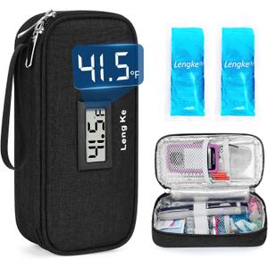 YOUSHARES Insulin Cooler Travel Case - TSA Approved Diabetic Medication Pen Cooling Bag with Temperature Display, Refrigerated Diabetes Supplies Organizer Insulated Storage Kit with 2 Ice Pack (11_black)