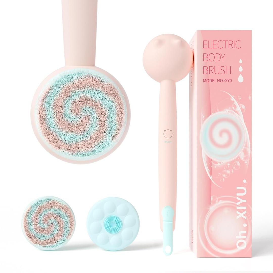 Electric Back Scrubber for Shower Body Brush, Waterproof Shower Body Scrubber for Cleansing, Massaging, Rechargeable Spinning Bath Brush for Kids & Adults with 2 Heads & 3 Speed Modes, Pink