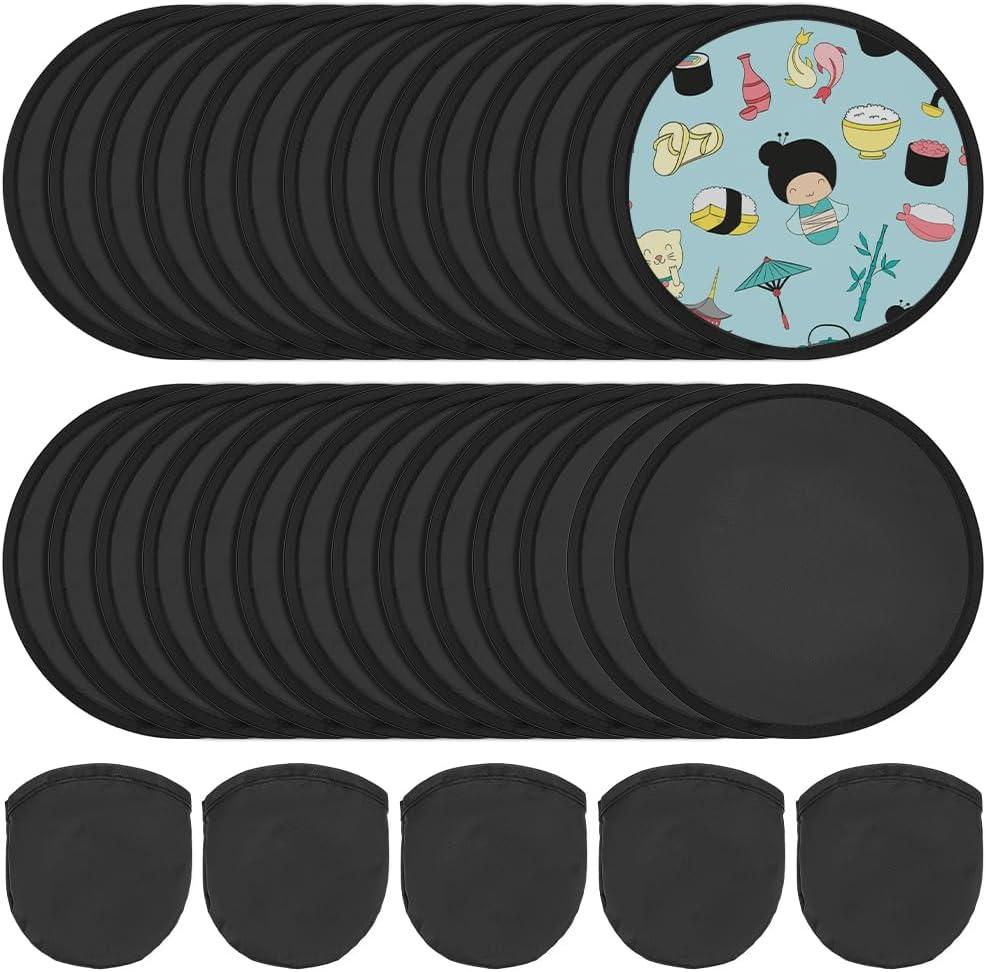 BENECREAT 30 Pcs 9.8inch Black Foldable Flying Disc Fan with Bag, Nylon Sublimation Fans, Black Edge Folding Fan for Beach Parties, Picnics and Family Activities