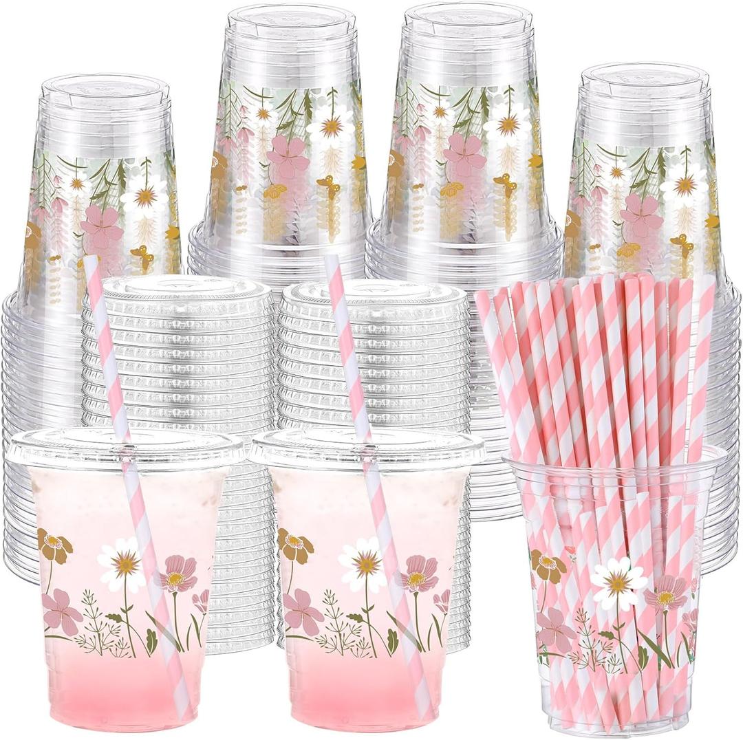 50 Pcs Boho Flower Disposable Cups with Lids and Straw 12 oz Spring Summer Floral Clear Plastic Drinking Cups Wildflowers Drinking Cups for Summer Spring Birthday Baby Shower Party Supplies
