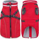 Fragralley Dog Coat with Harness Built in, Waterproof Windproof Reflective Warm Puffer Jacket, Fleece Lined Vest Winter Parka for Small, Medium, Large Dogs (Red)
