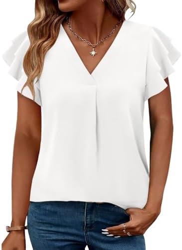 Magritta Womens Tops Dressy Casual Short Sleeve Pleated Tshirt 2025 Summer Loose Fitting Blouse Fashion V Neck Business Shirt L